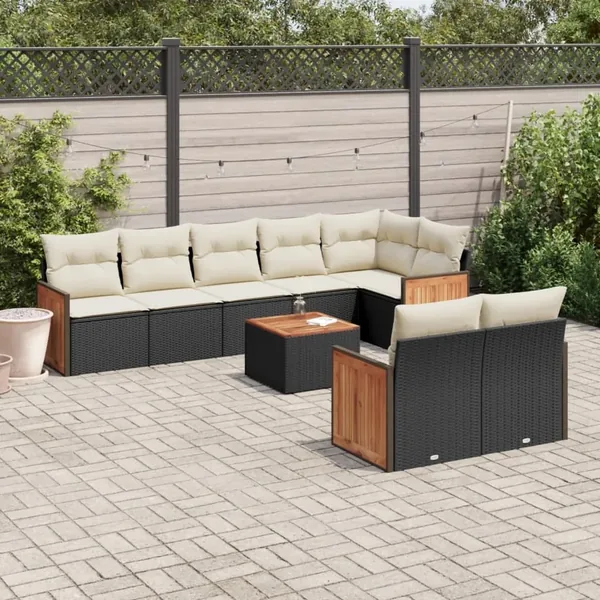 Salon de jardin 9 pcs avec coussins noir résine tressée