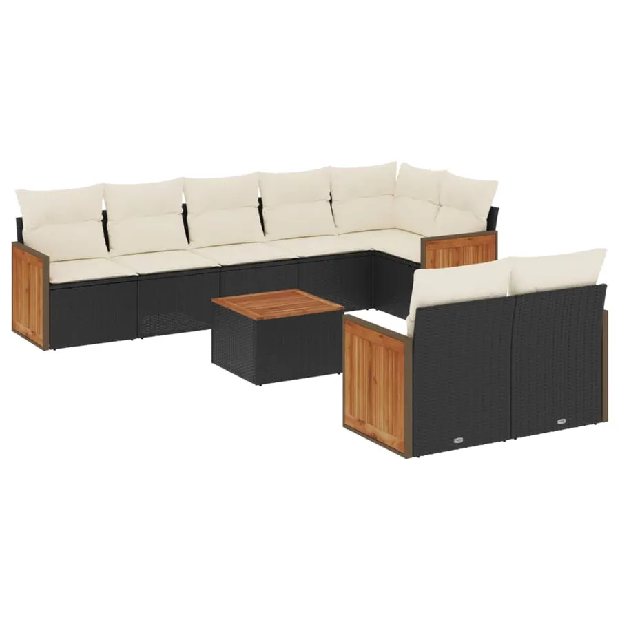Salon de jardin 9 pcs avec coussins noir résine tressée - 2