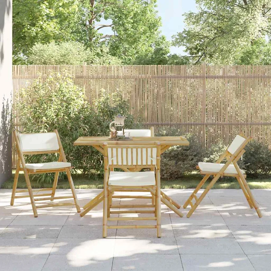 Ensemble de bistro pliante 5 pcs et coussins blanc crème bambou - 2