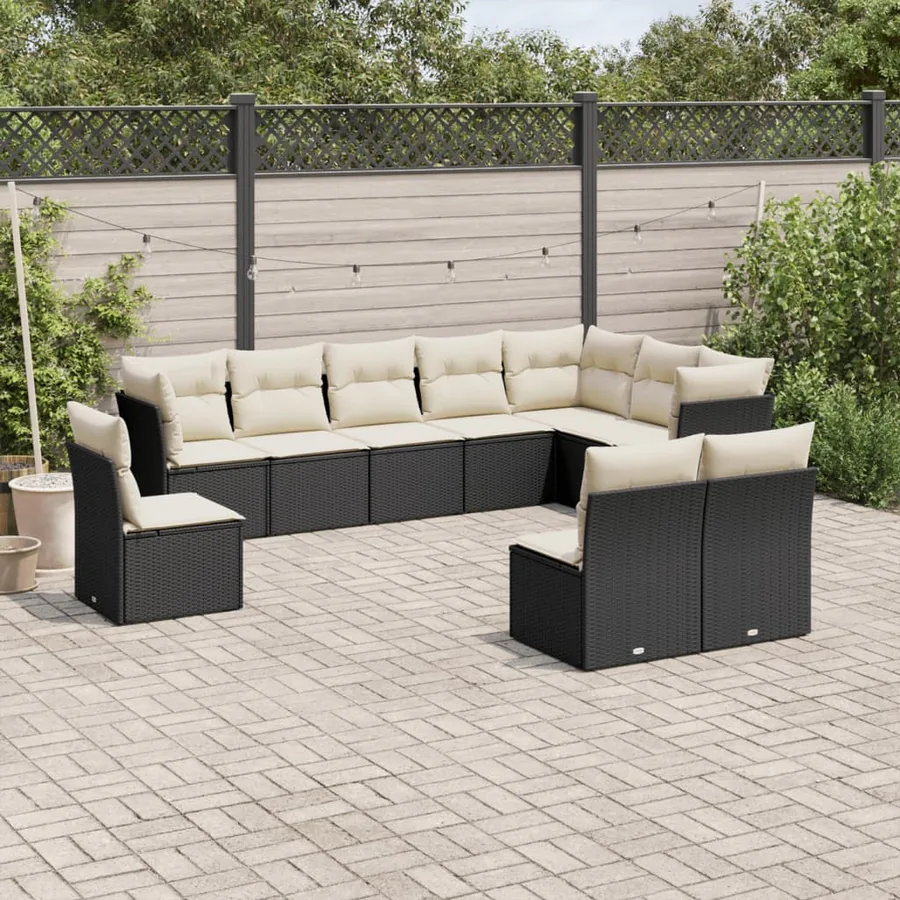 Salon de jardin 10 pcs avec coussins noir résine tressée