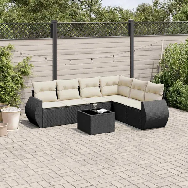 Salon de jardin 7 pcs avec coussins noir résine tressée 71 x 62 x 69 cm - 60,2 kg