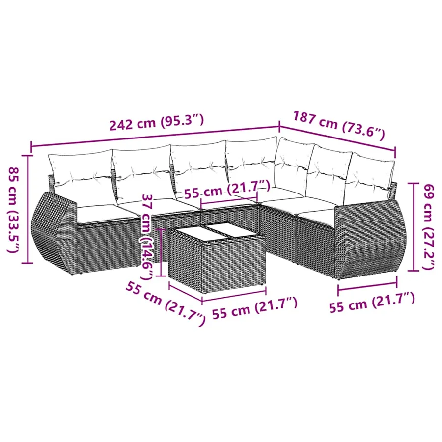 Salon de jardin 7 pcs avec coussins noir résine tressée 71 x 62 x 69 cm - 60,2 kg - 3