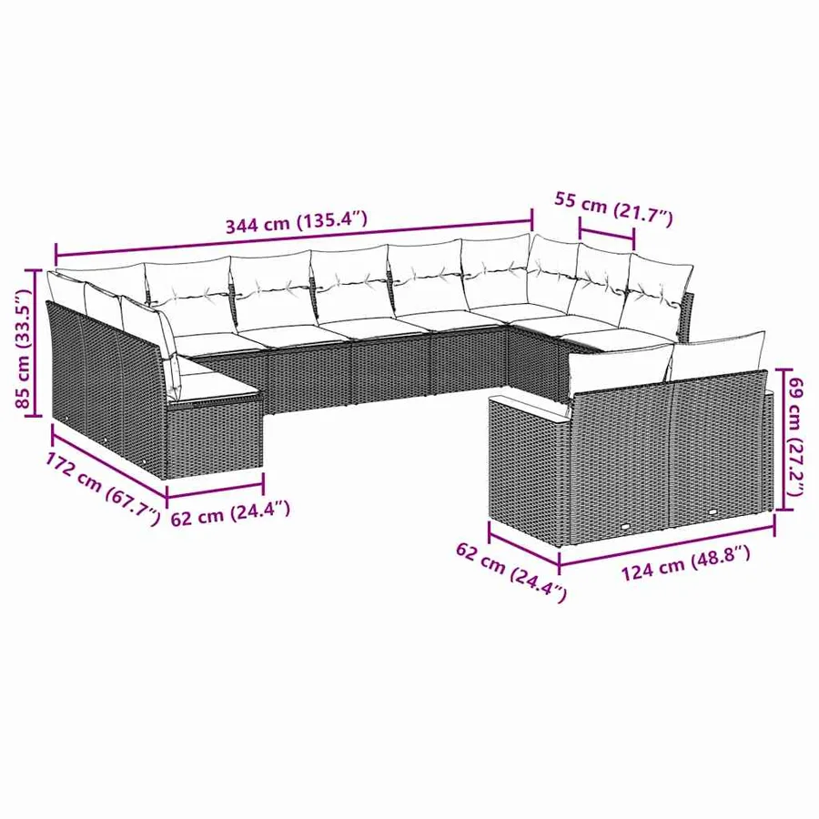 Salon de jardin 7 pcs avec coussins noir résine tressée 55 x 62 x 69 cm - 63,8 kg - 3