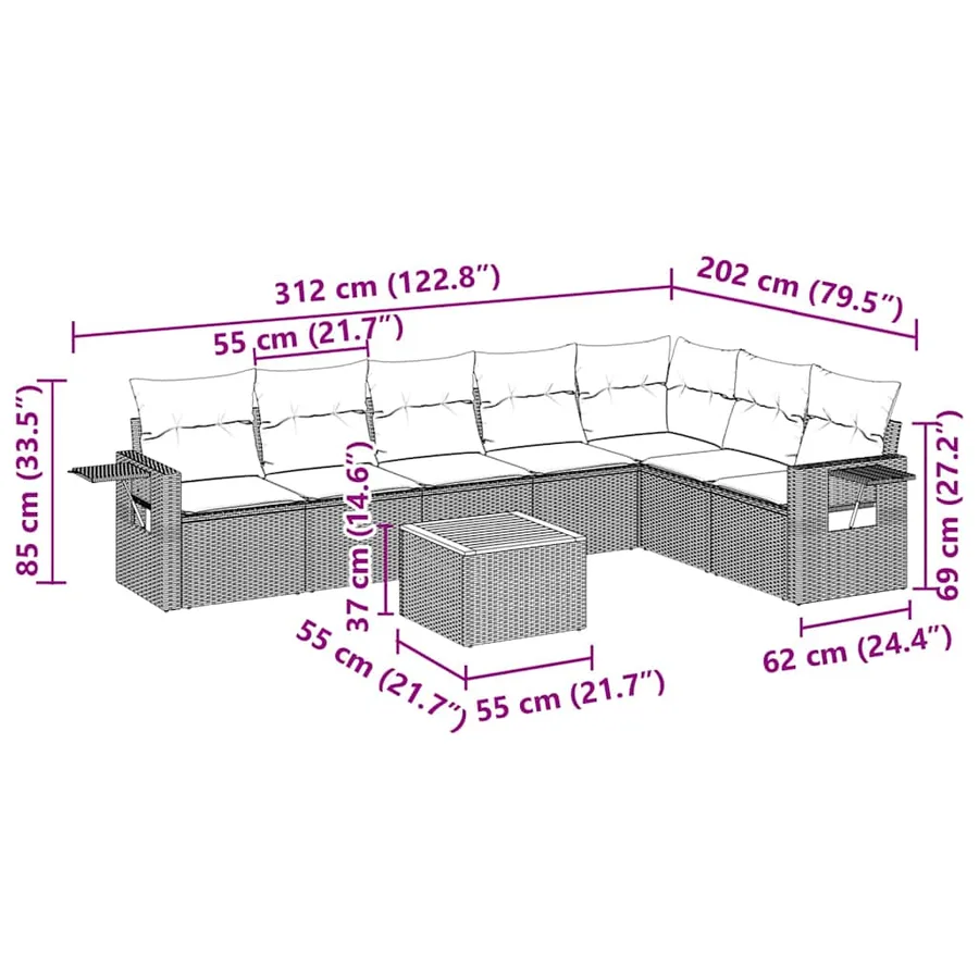 Salon de jardin 8 pcs avec coussins noir résine tressée - 3