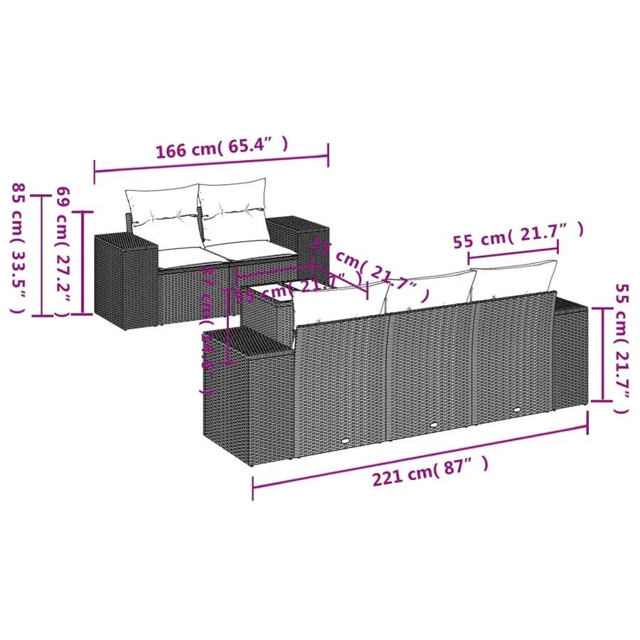 Salon de jardin 6 pcs avec coussins noir résine tressée - 3