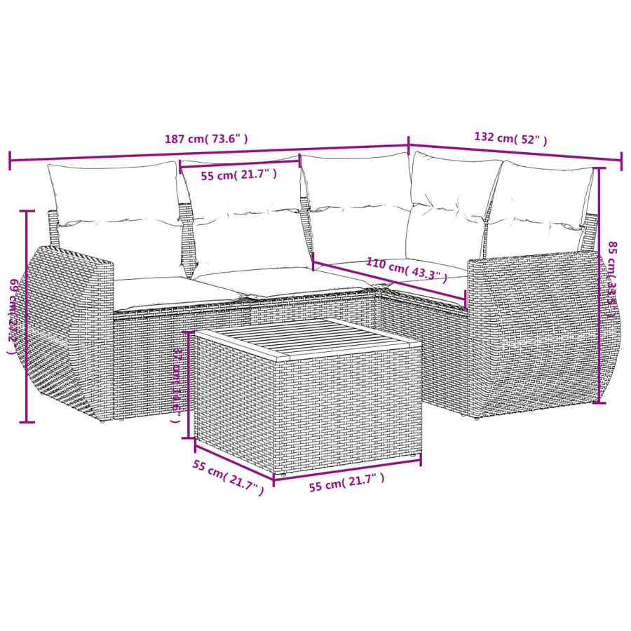 Salon de jardin 5 pcs avec coussins noir résine tressée - 3