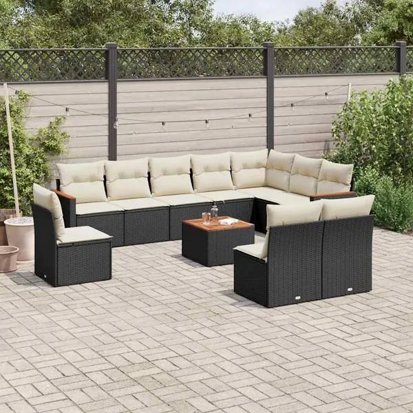 Salon de jardin 11 pcs avec coussins noir résine tressée