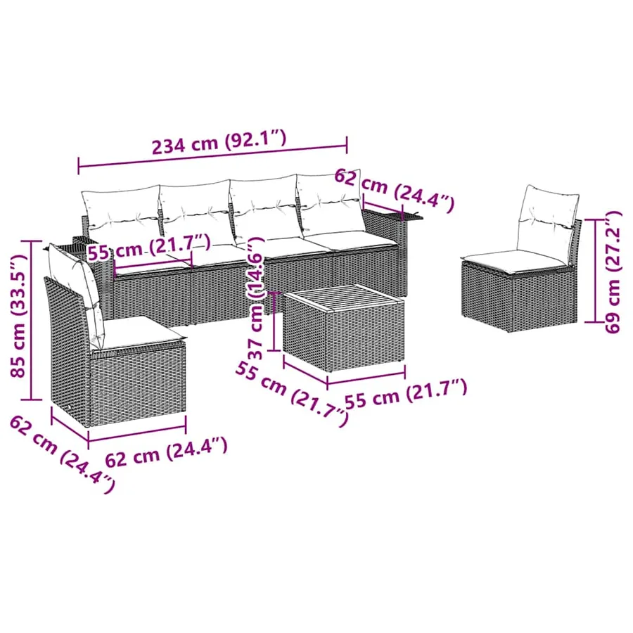 Salon de jardin 7 pcs avec coussins noir résine tressée 55 x 62 x 69 cm - 58,6 kg - 3