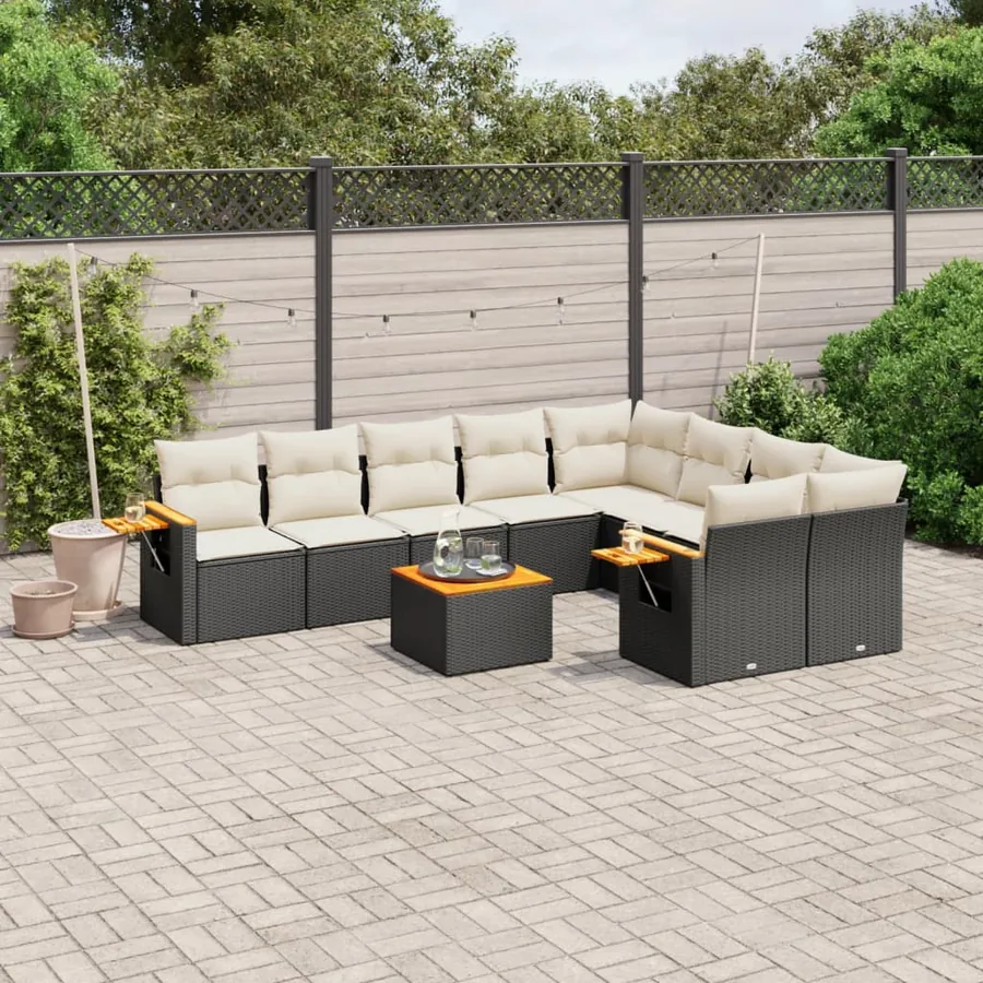 Salon de jardin 10 pcs avec coussins noir résine tressée