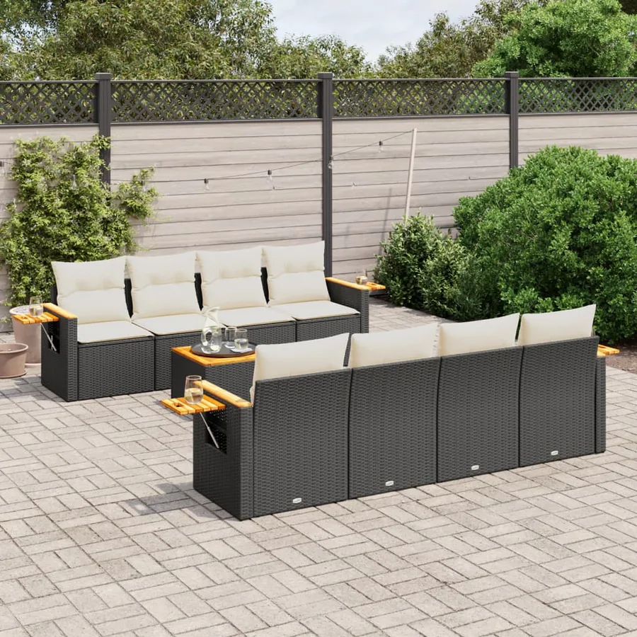 Salon de jardin 9 pcs avec coussins noir résine tressée