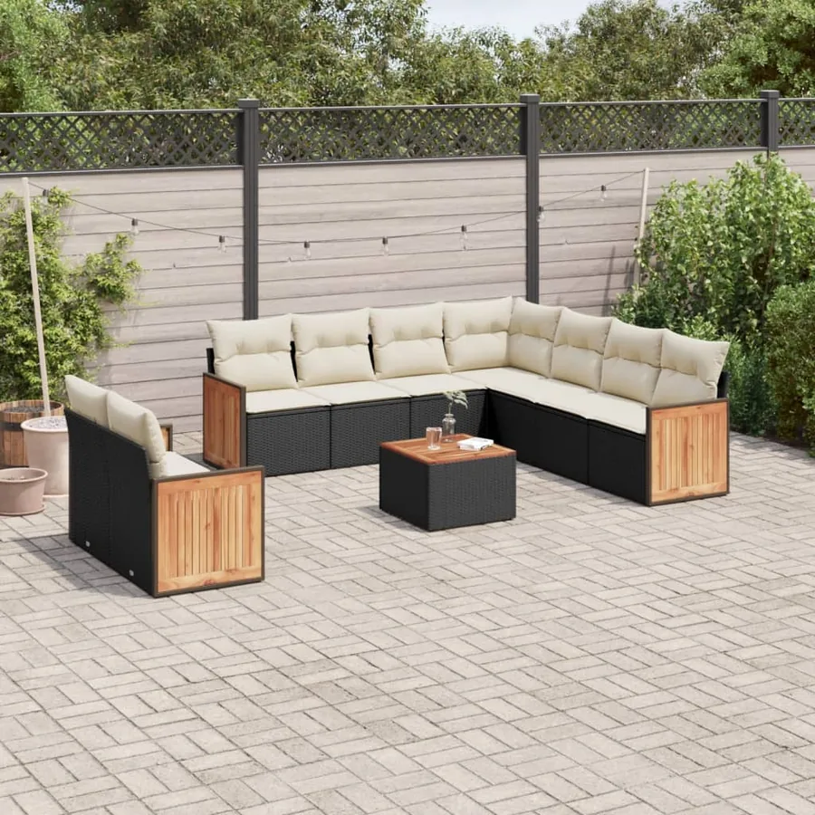 Salon de jardin 10 pcs avec coussins noir résine tressée