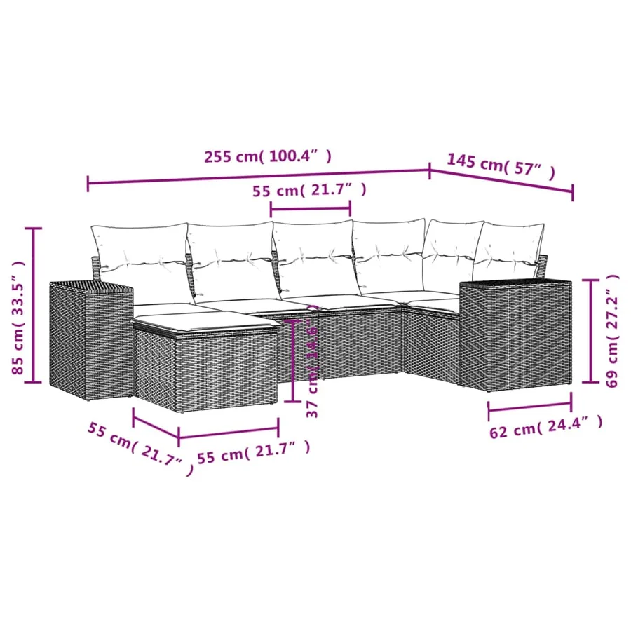 Salon de jardin 6 pcs avec coussins noir résine tressée - 3