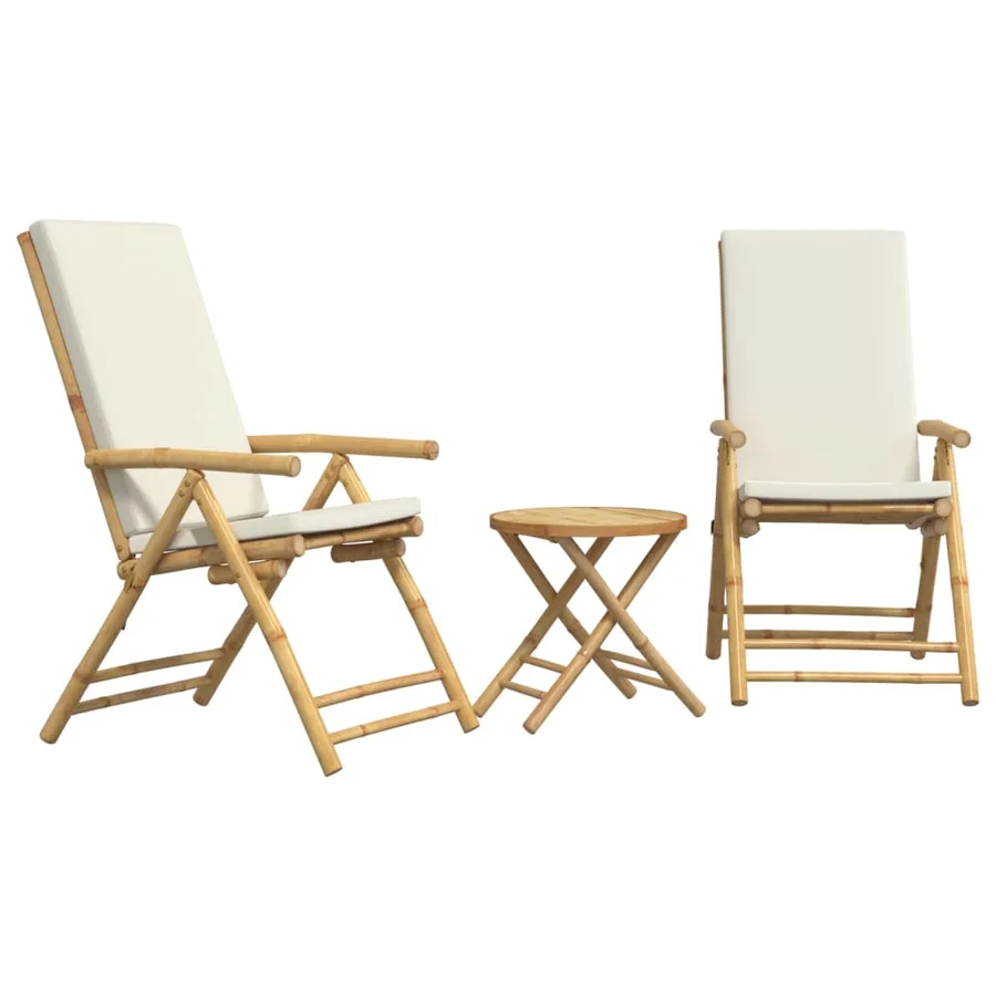 Ensemble de bistro pliante 3 pcs et coussins blanc crème bambou - 2