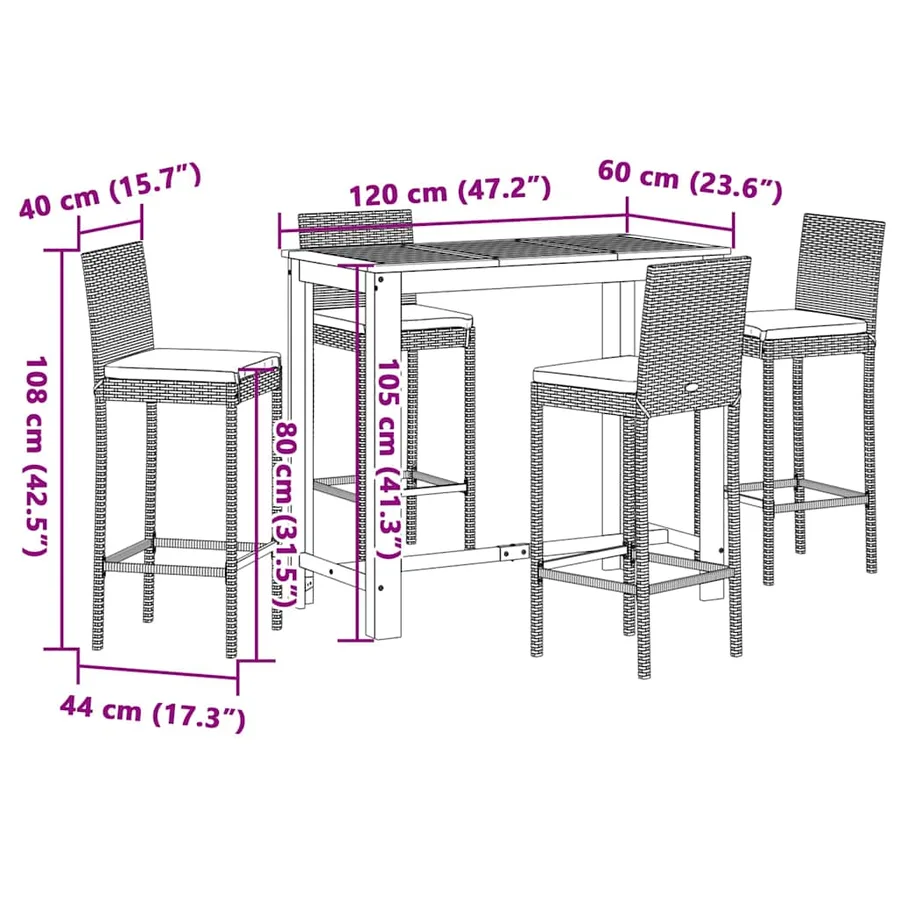 Ensemble de bar de jardin 5 pcs noir bois massif acacia rotin - 11