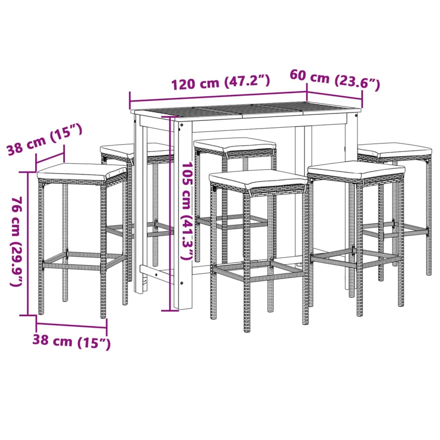 Ensemble de bar de jardin 7 pcs noir bois massif acacia rotin - 11