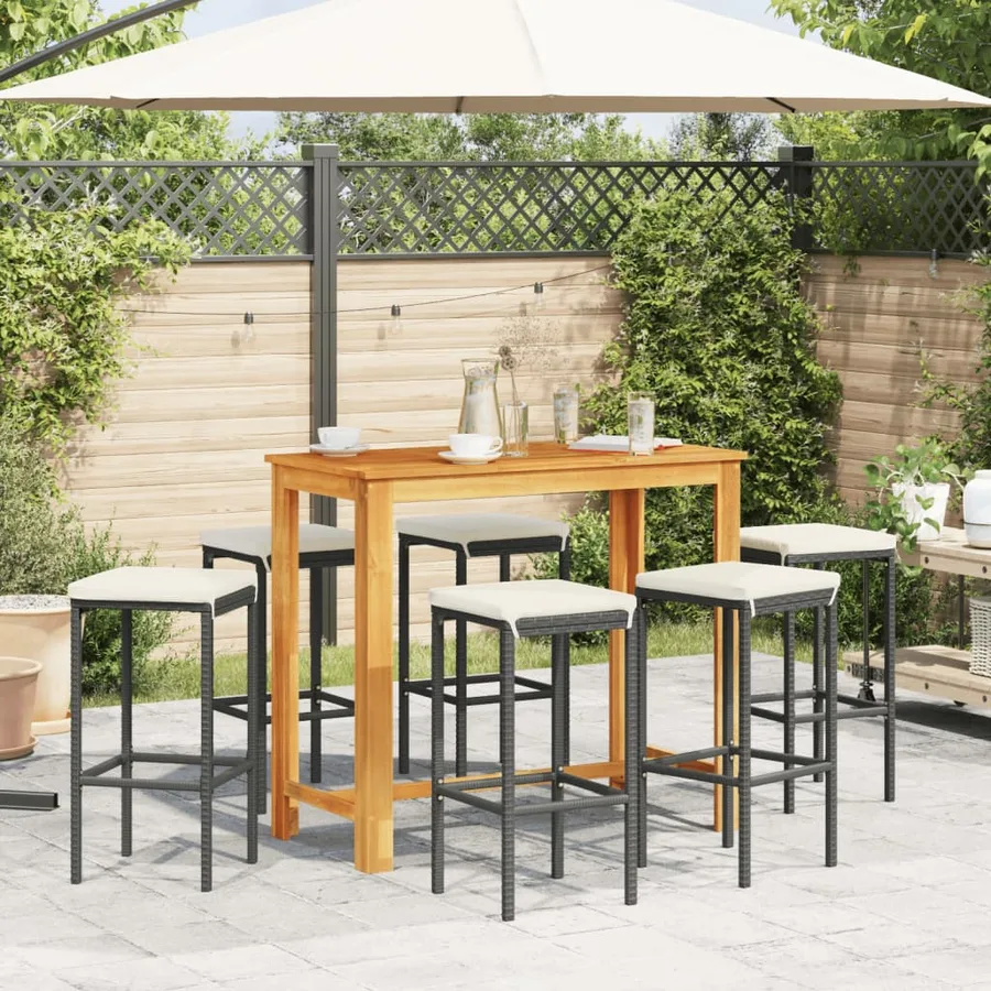 Ensemble de bar de jardin 7 pcs noir bois massif acacia rotin - 3