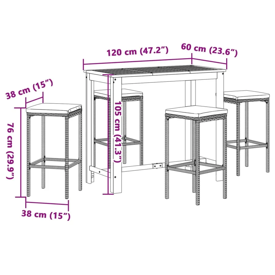 Ensemble de bar de jardin 5 pcs gris bois massif acacia rotin - 11