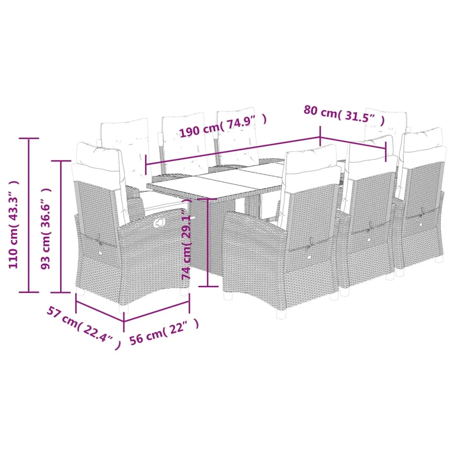 Ensemble à manger de jardin et coussins 9 pcs marron poly rotin - 9