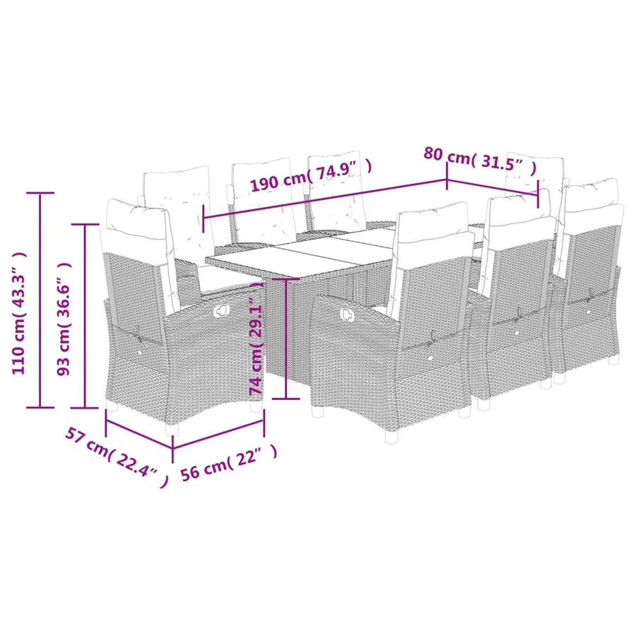 Ensemble à manger de jardin et coussins 9 pcs gris clair rotin - 9