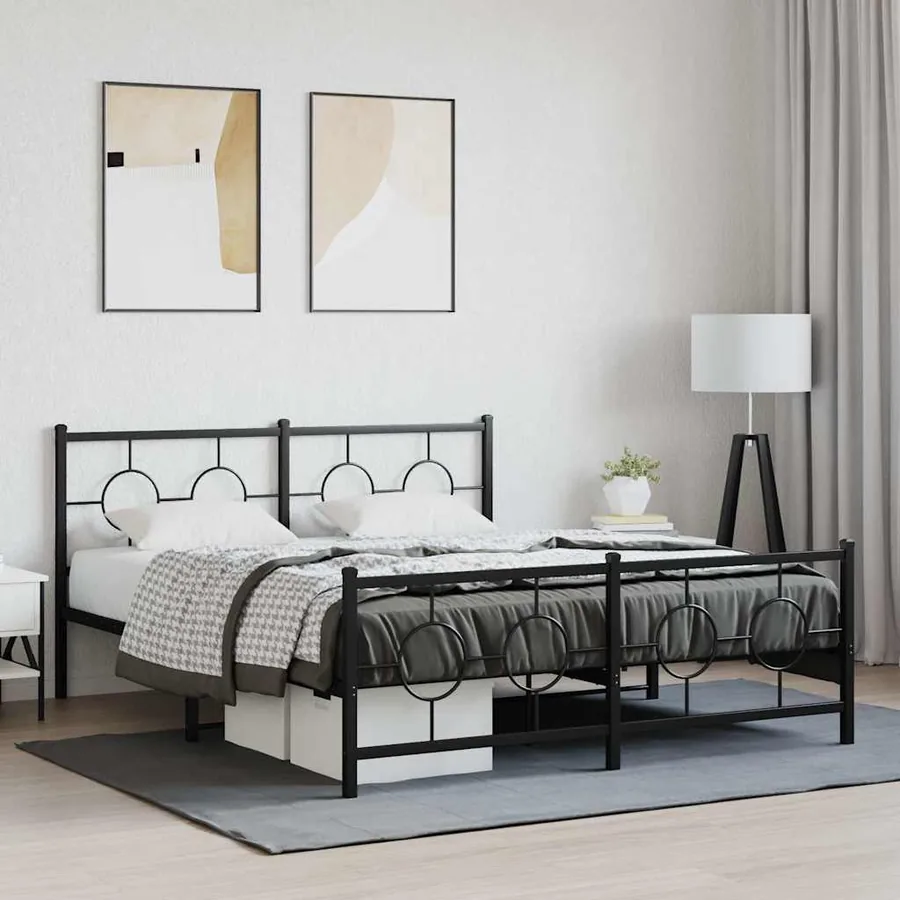 Cadre de lit métal sans matelas avec pied de lit noir 150x200cm