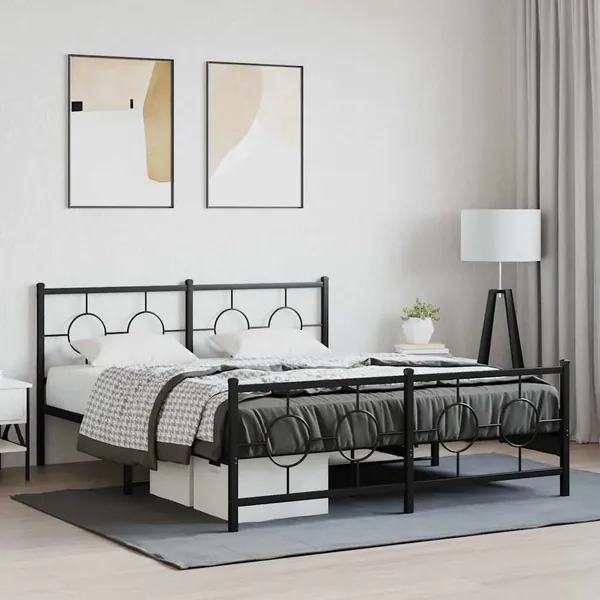 Cadre de lit métal sans matelas avec pied de lit noir 150x200cm