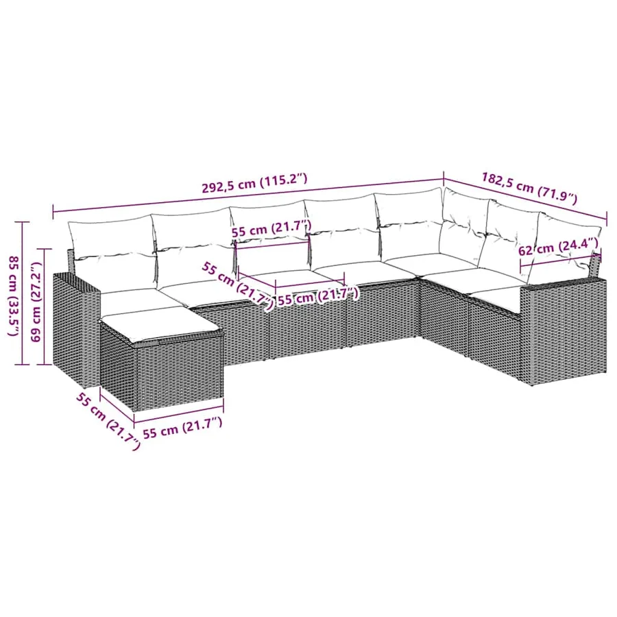 Salon de jardin 8 pcs avec coussins marron résine tressée - 3