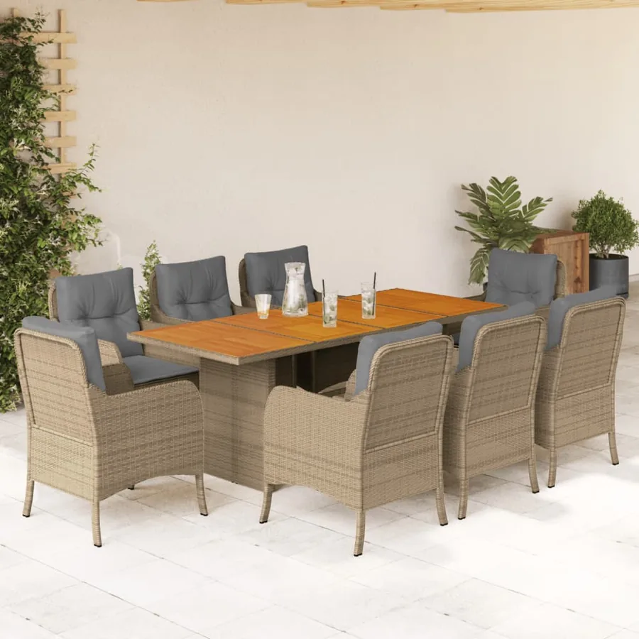 Ensemble à manger de jardin et coussins 9 pcs beige Poly rotin