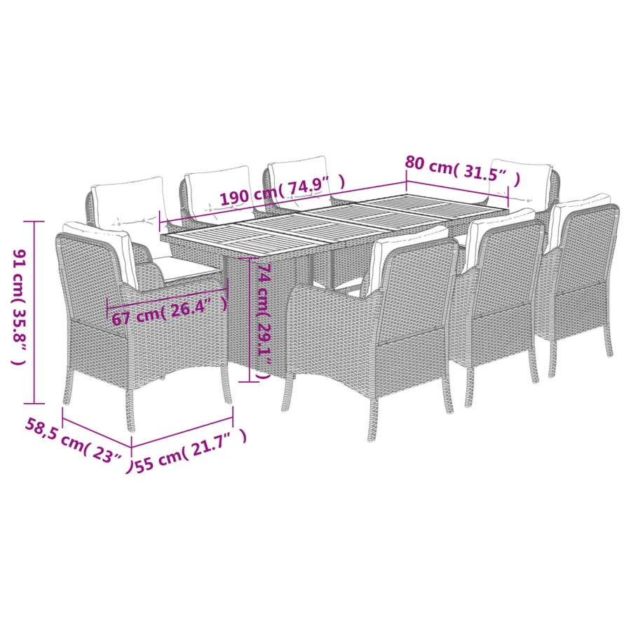 Ensemble à manger de jardin et coussins 9 pcs beige Poly rotin - 7