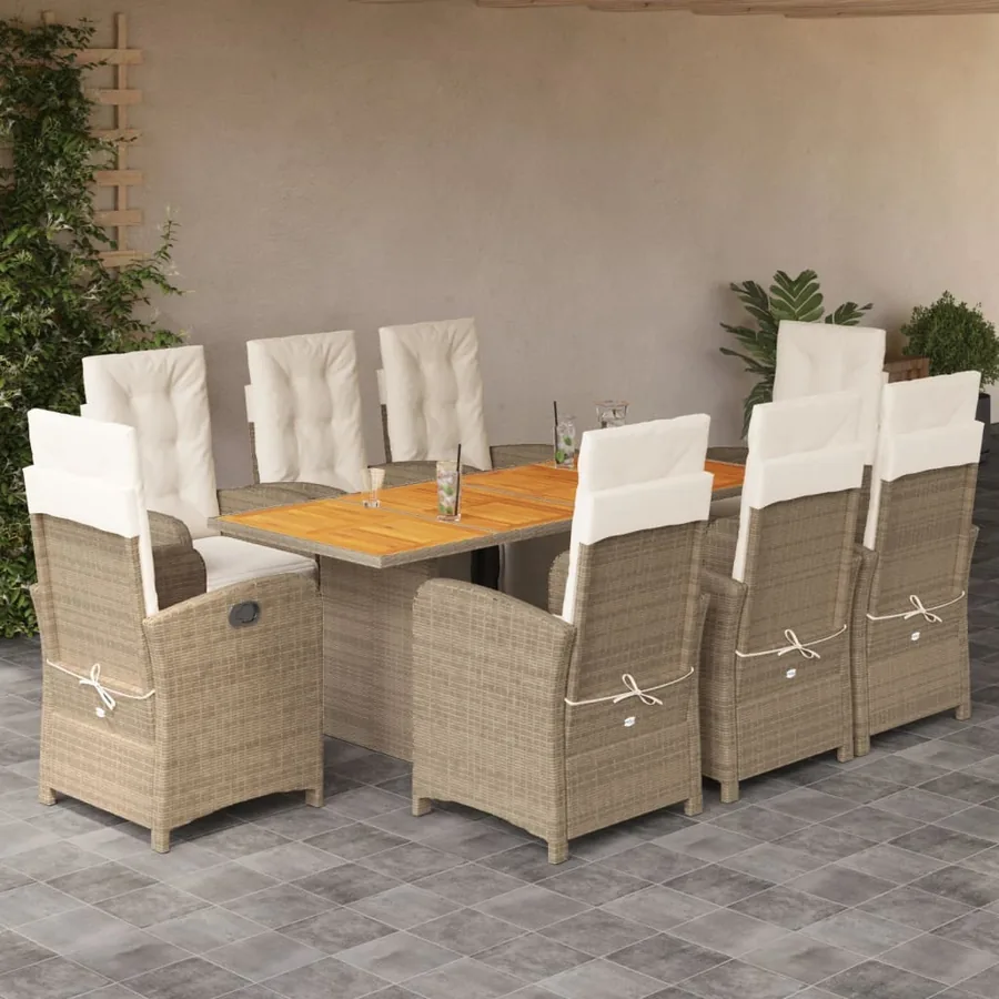 Ensemble à manger de jardin et coussins 9 pcs beige Poly rotin