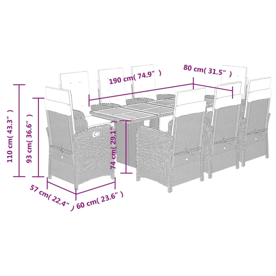 Ensemble à manger de jardin et coussins 9 pcs beige Poly rotin - 9