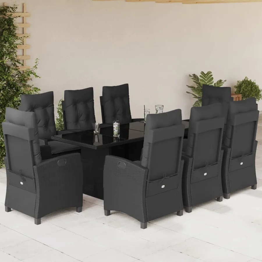 Ensemble à manger de jardin 9pcs coussins noir résine tressée