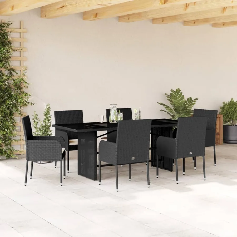 Ensemble à manger de jardin coussins 7pcs Noir Résine tressée