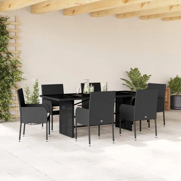 Ensemble à manger de jardin coussins 7pcs Noir Résine tressée
