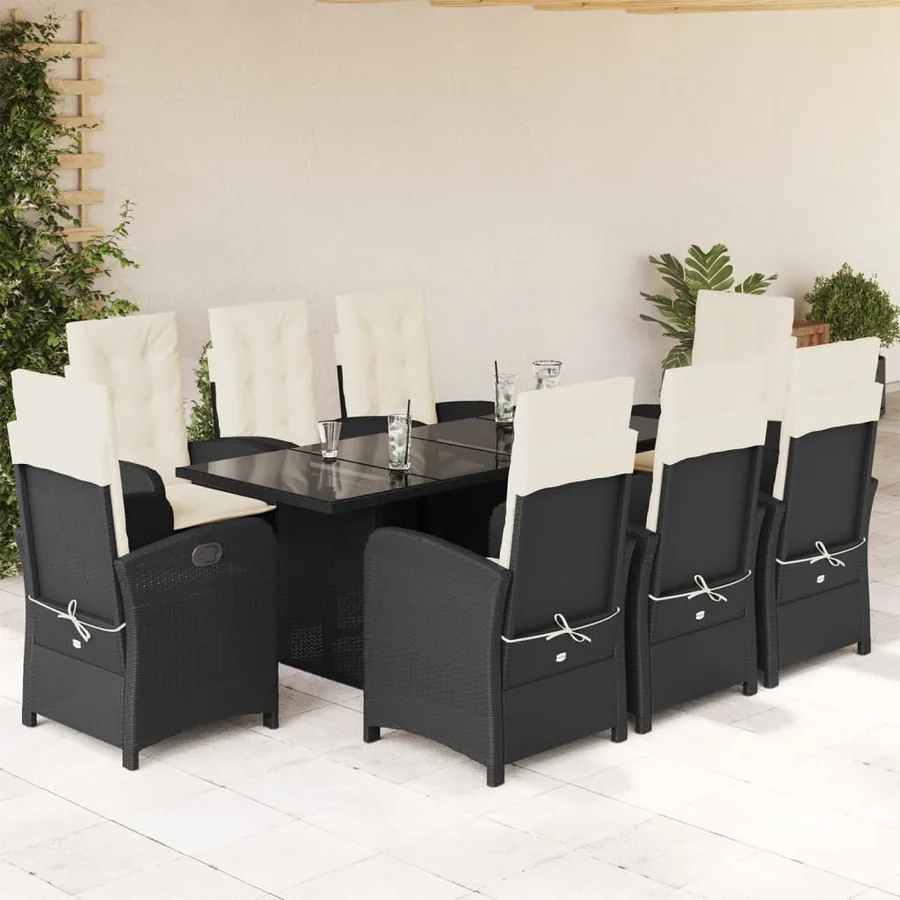 Ensemble à manger de jardin 9pcs coussins noir résine tressée