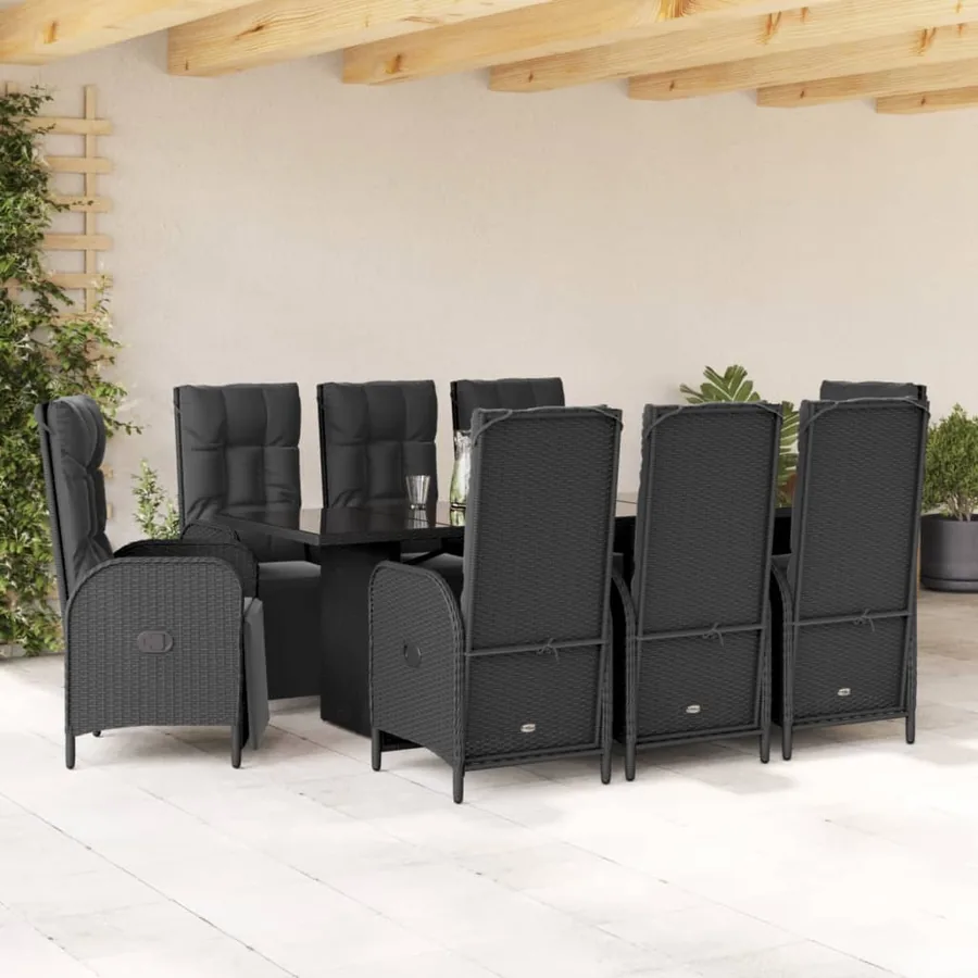 Ensemble à manger de jardin 9pcs coussins noir résine tressée
