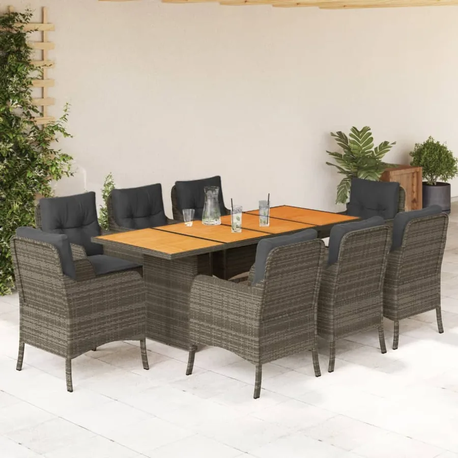 Ensemble à manger de jardin 9 pcs coussins gris résine tressée
