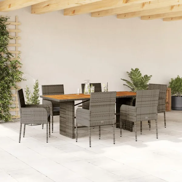Ensemble à manger de jardin et coussins 7 pcs gris rotin