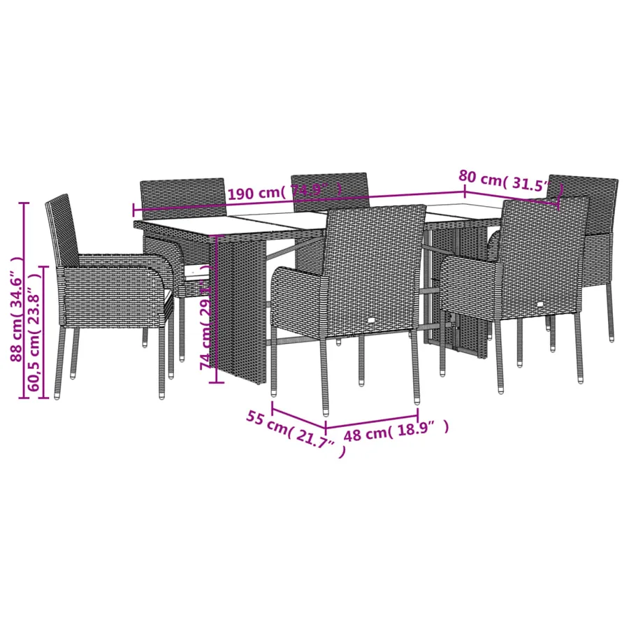 Ensemble à manger de jardin et coussins 7 pcs gris rotin - 7