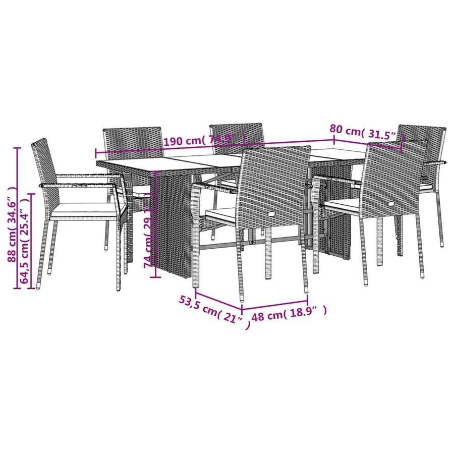 Ensemble à manger de jardin et coussins 7 pcs gris rotin - 7