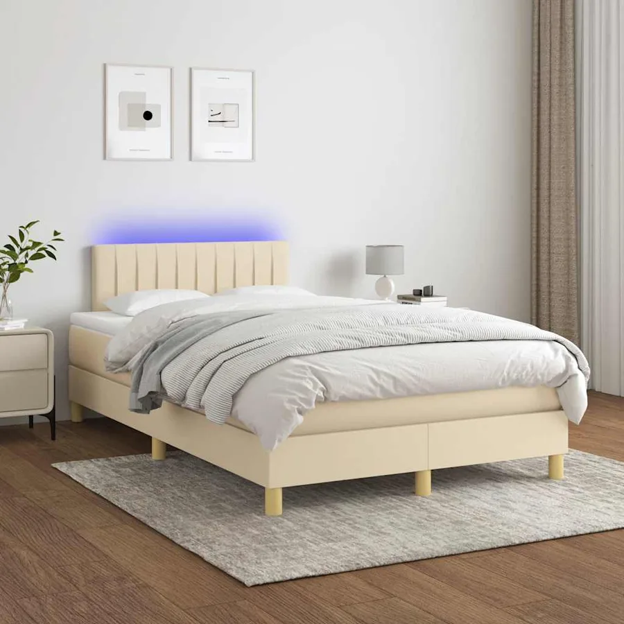 Sommier à lattes de lit matelas et LED crème 120x190 cm tissu - 4