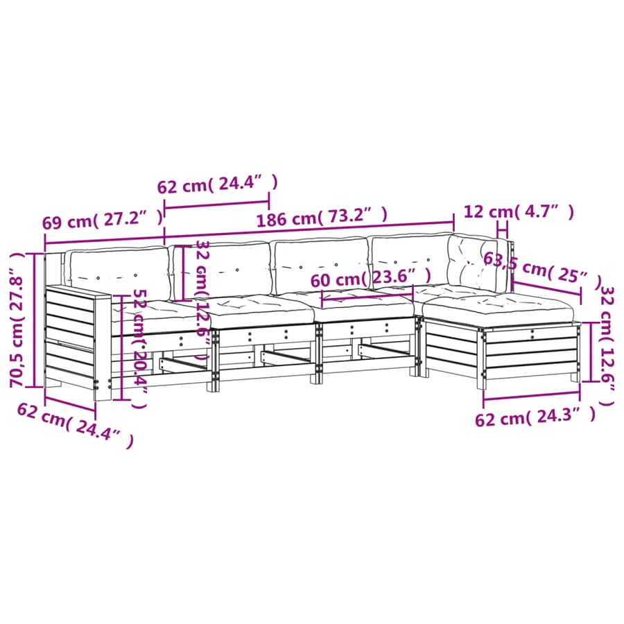 Salon de jardin 5 pcs avec coussins bois de pin imprégné - 12