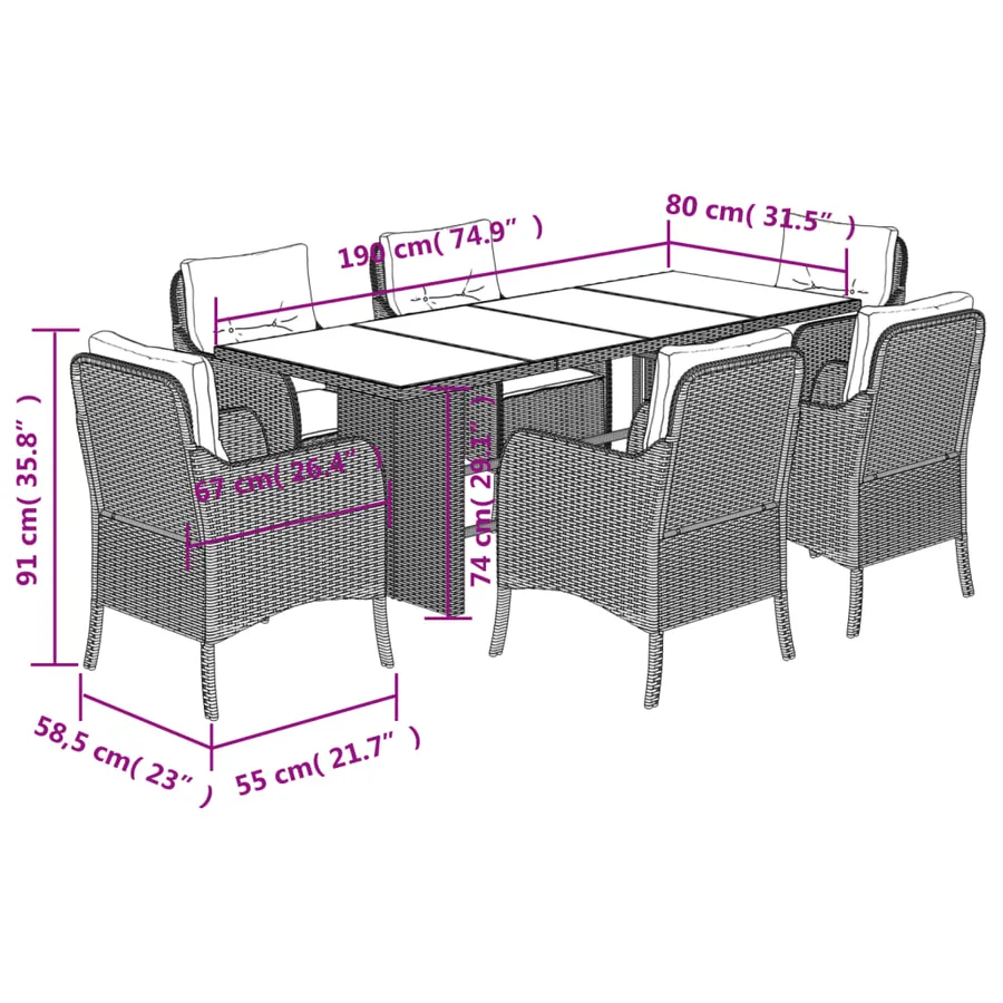 Ensemble à manger de jardin et coussins 7 pcs gris rotin - 7