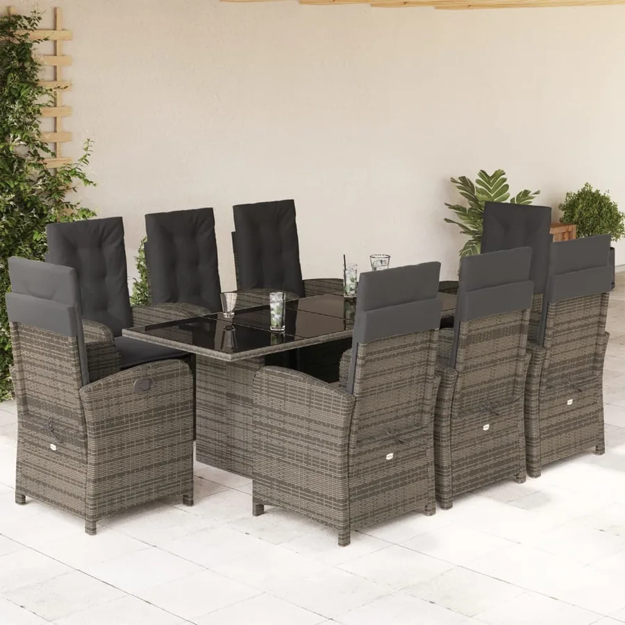 Ensemble à manger de jardin 9 pcs coussins gris résine tressée