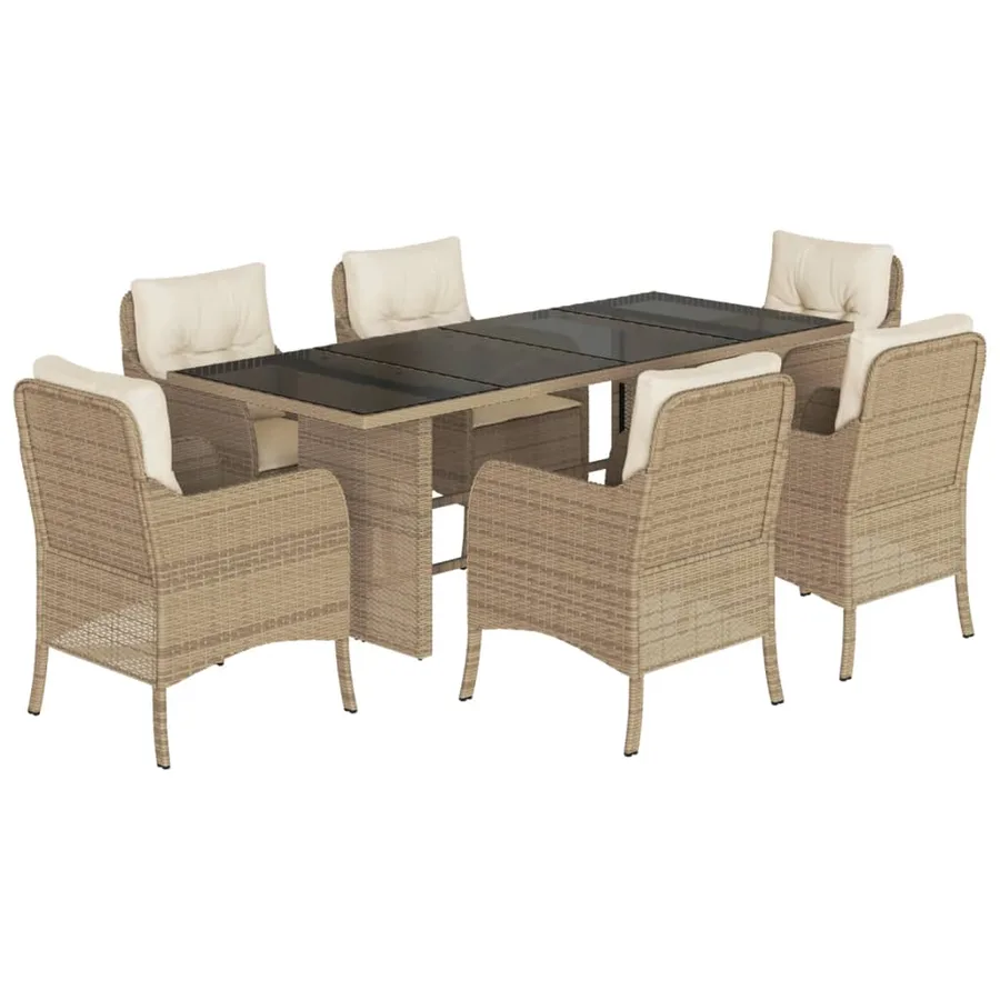 Ensemble à manger de jardin et coussins 7 pcs beige poly rotin - 2