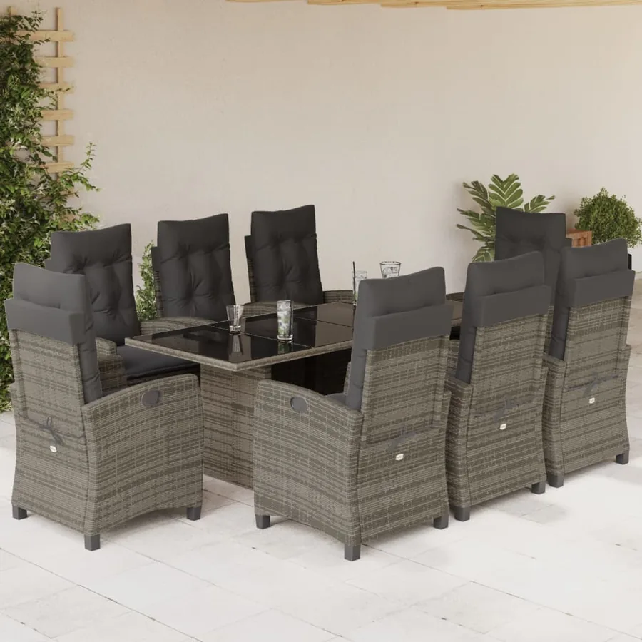 Ensemble à manger de jardin 9 pcs coussins gris résine tressée