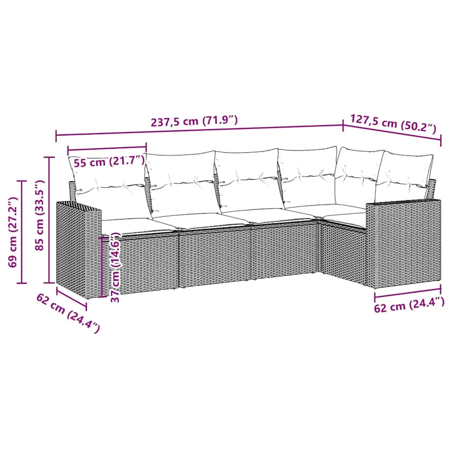 Salon de jardin avec coussins 5 pcs marron résine tressée - 3