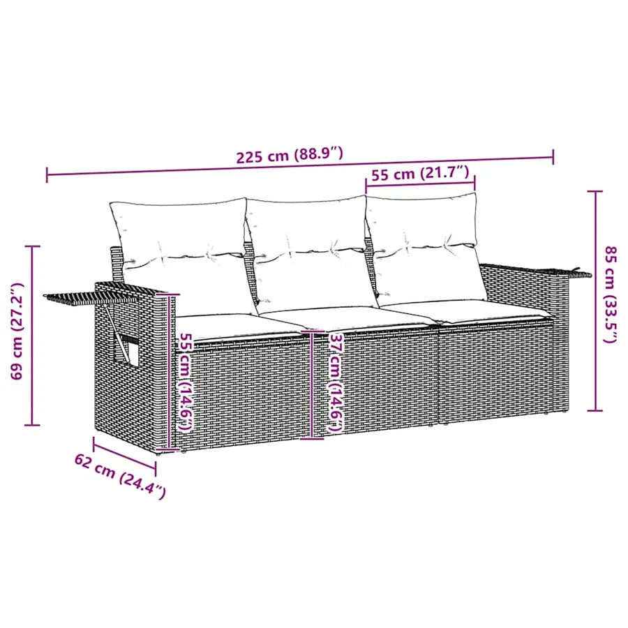 Salon de jardin avec coussins 3 pcs marron résine tressée - 7