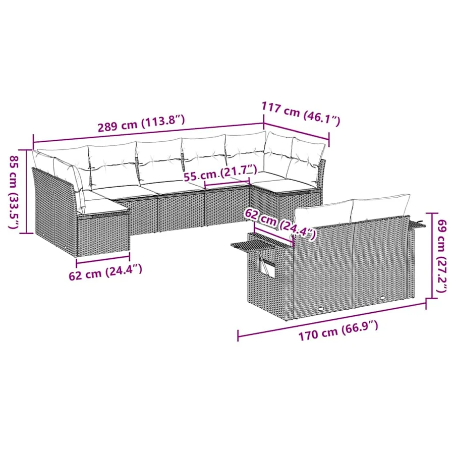 Salon de jardin avec coussins 9 pcs marron résine tressée - 8