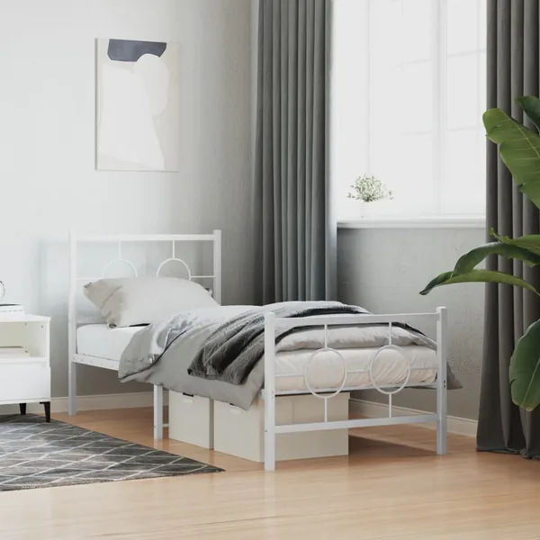 Cadre de lit métal sans matelas avec pied de lit blanc 80x200cm
