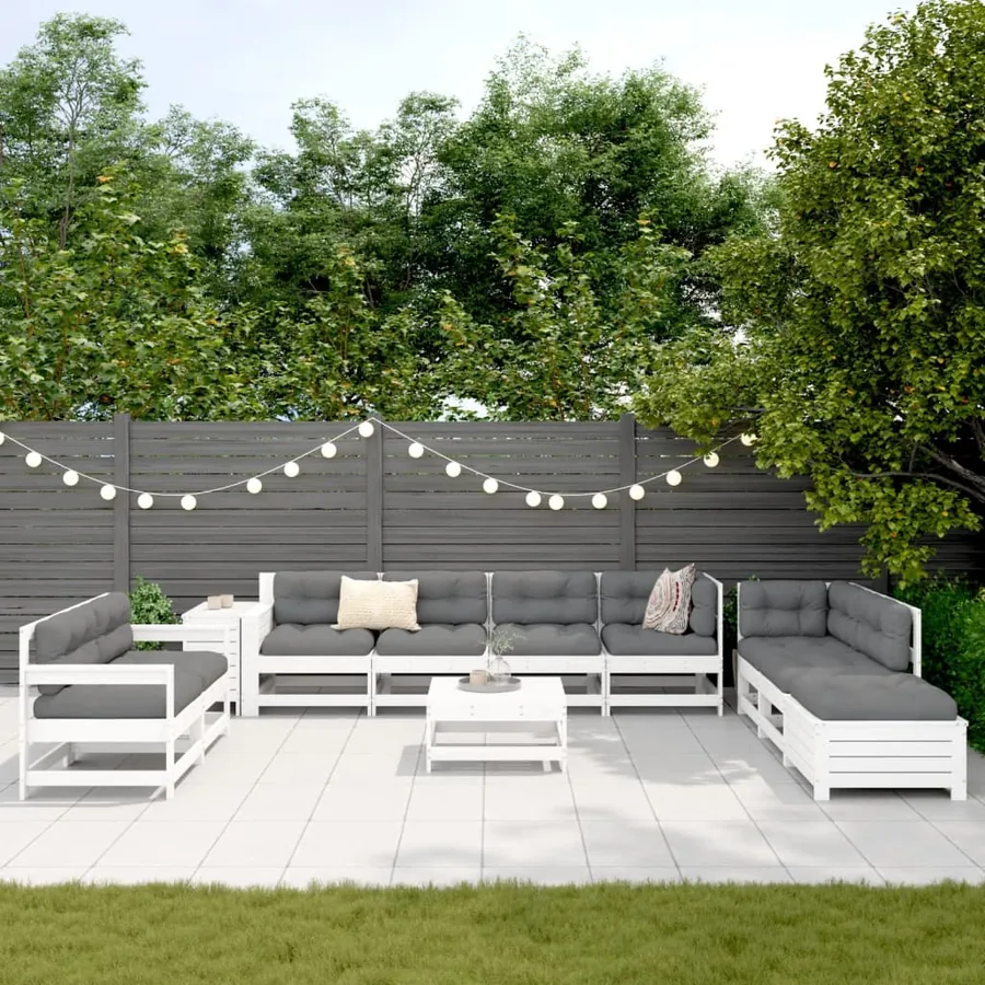 Salon de jardin 11 pcs blanc bois massif de pin - 3